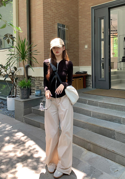 Sat. 美式修身連帽外套 黑 & 慵懶杏色工作褲