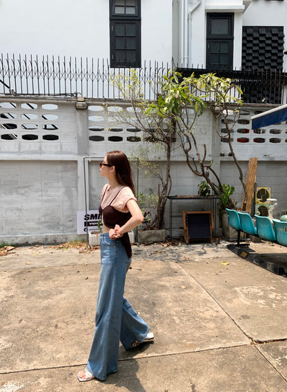 Thu. 撞色短版上衣+開叉背心 粉T棕色背心