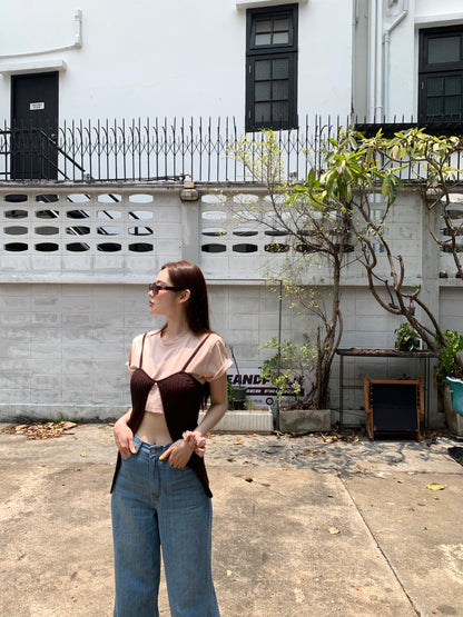 Thu. 撞色短版上衣+開叉背心 粉T棕色背心