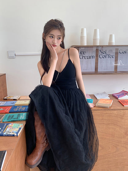 Sun. 芭蕾網紗拼接連身裙 黑