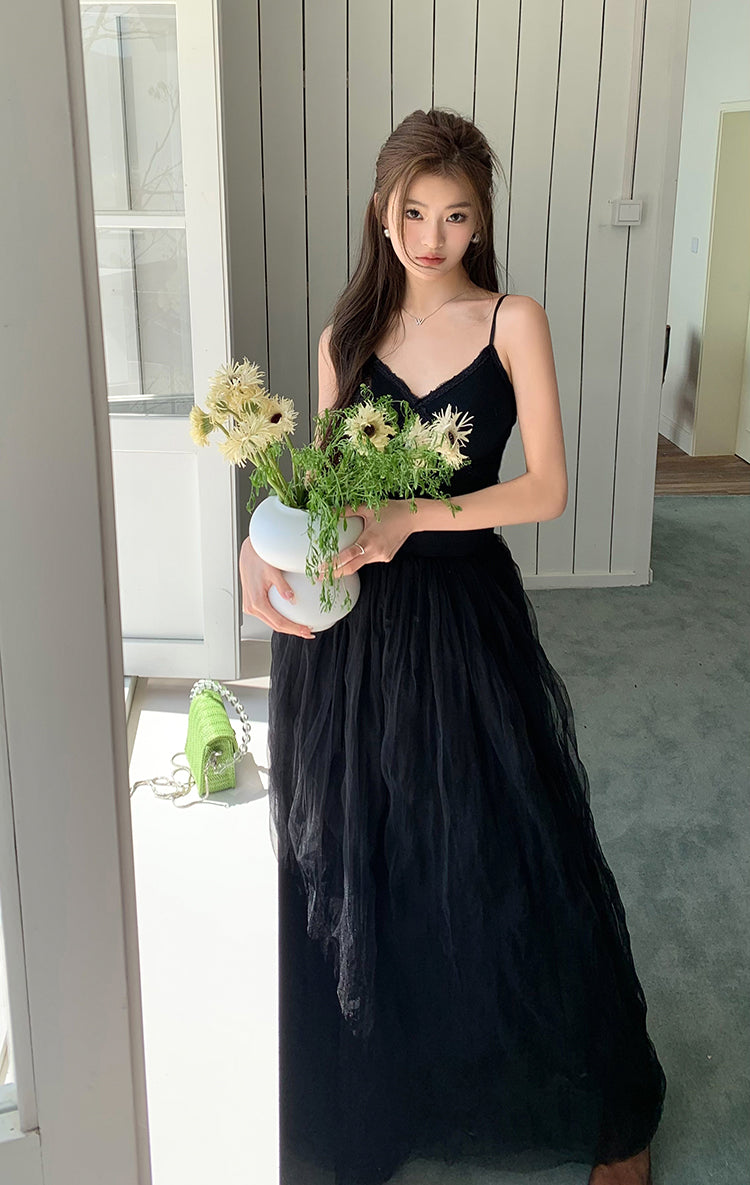 Sun. 芭蕾網紗拼接連身裙 黑