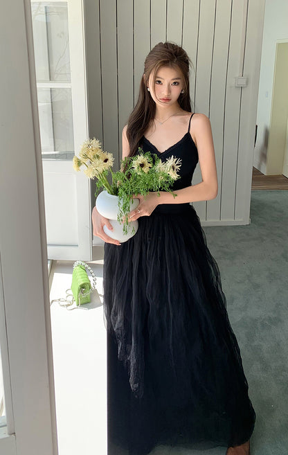 Sun. 芭蕾網紗拼接連身裙 黑