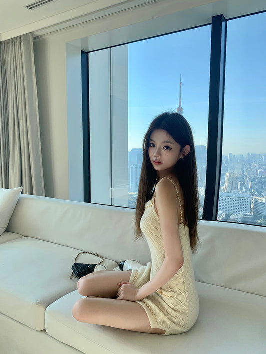 Sun. 隱藏款派對 小香菱格鏈條編織連身裙 白