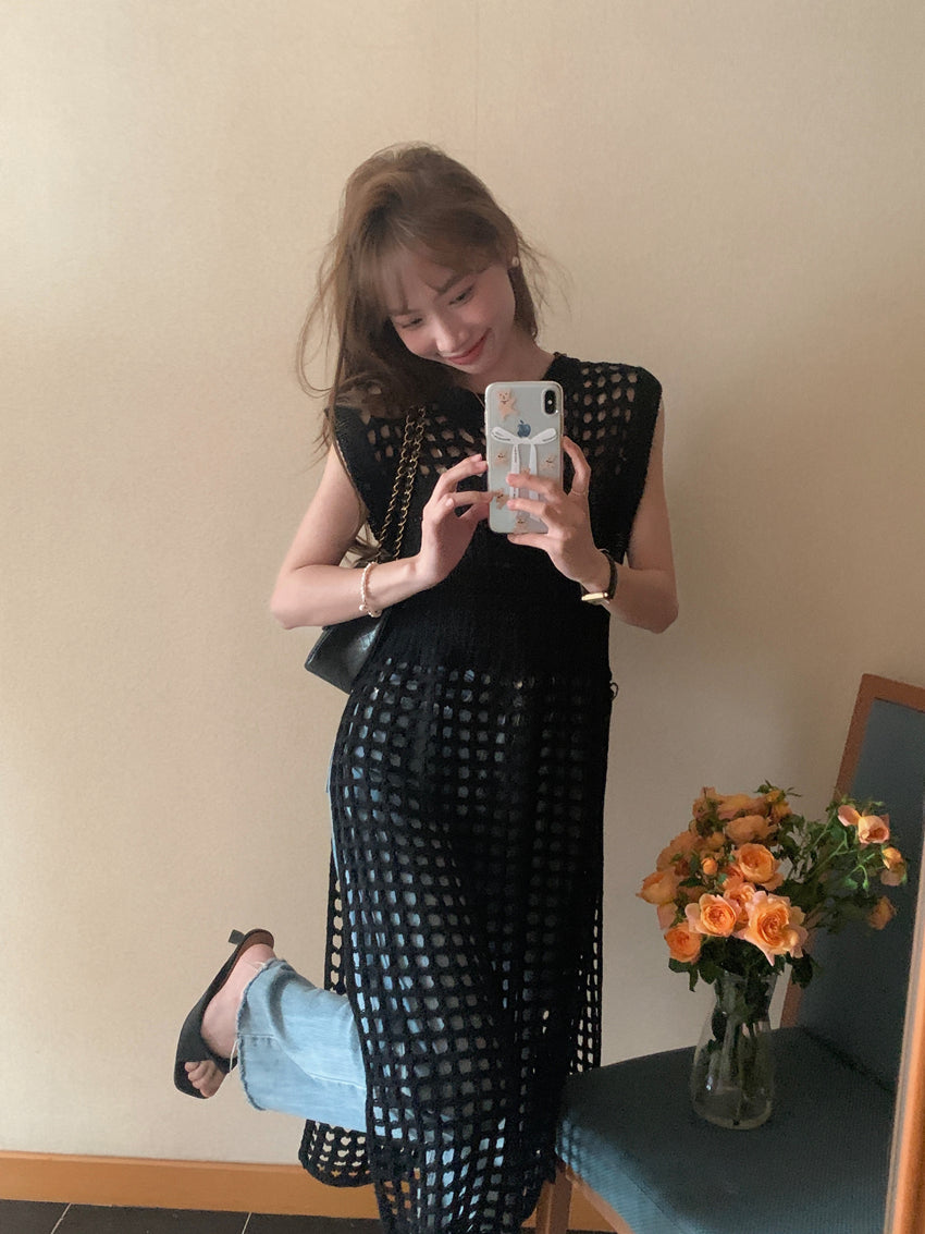 Thu. 縷空網子設計連身衣 黑