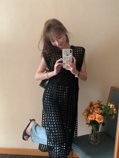 Thu. 縷空網子設計連身衣 黑