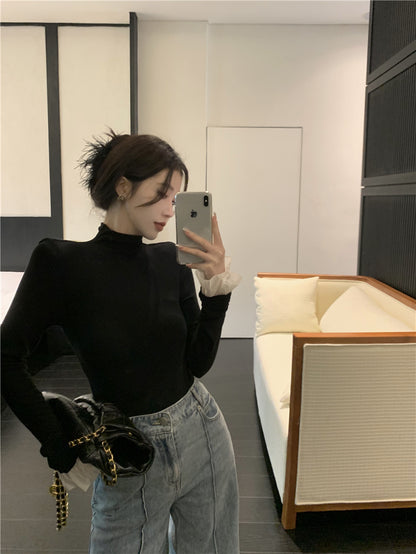 Wed. 法式高領花葉袖打底上衣 黑