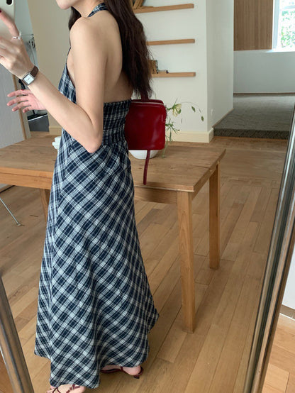 Mon. 復古格紋顯瘦港風V領掛脖連身裙