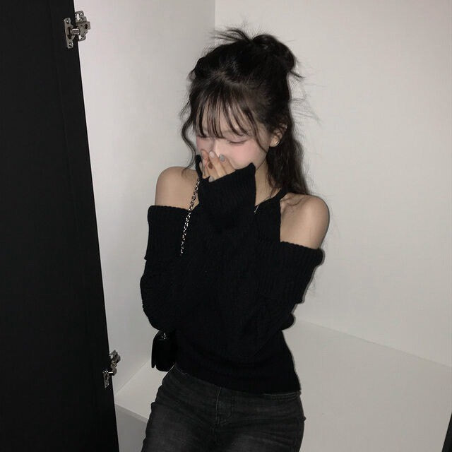 Mon. 純慾滿分 假兩件式露肩修身針織上衣 黑