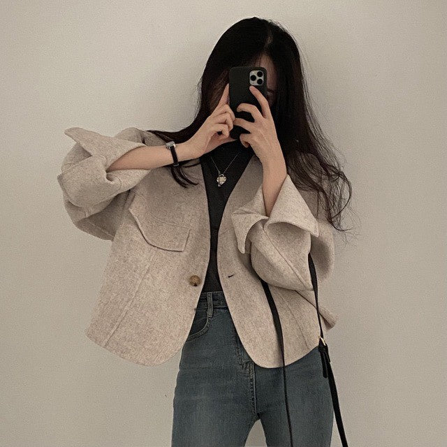 Mon. 氣質慵懶寬鬆毛呢外套 燕麥/深咖