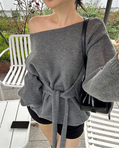 Fri. 韓chic簡約風一字領繫帶針織上衣 灰/米白