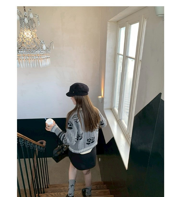 Thu. 淡味牛津chic熱巴同款玫瑰刺繡針織開衫 灰