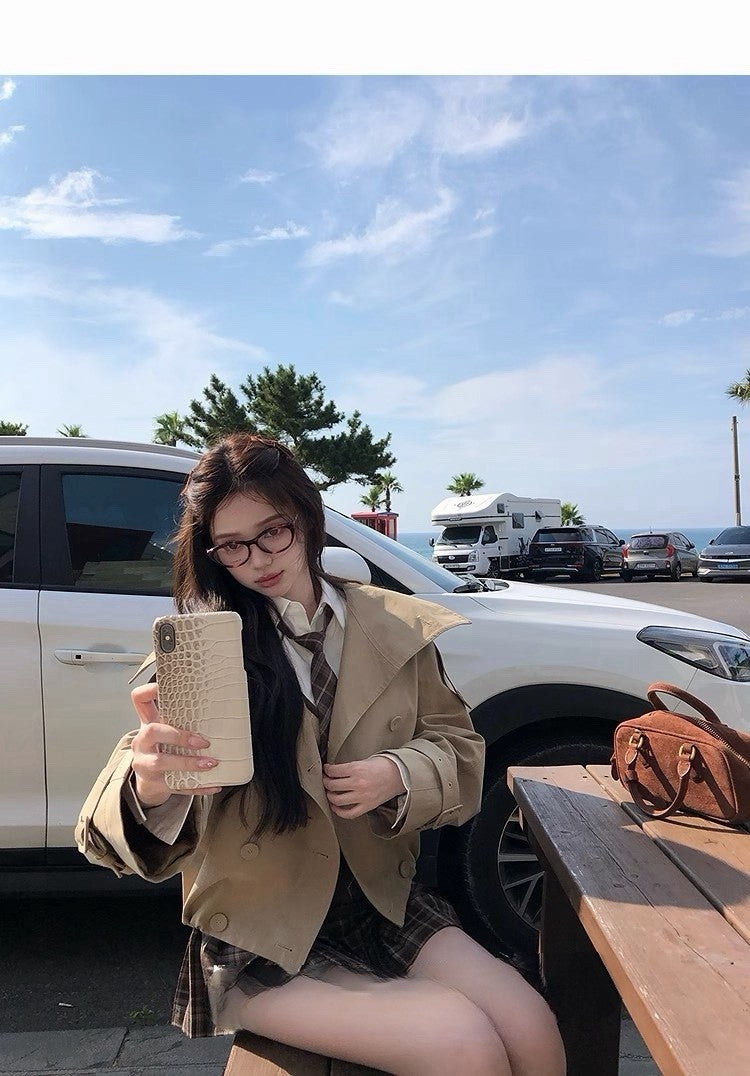 Tue. 英倫萊賽韓系翻領雙排扣風衣 卡其