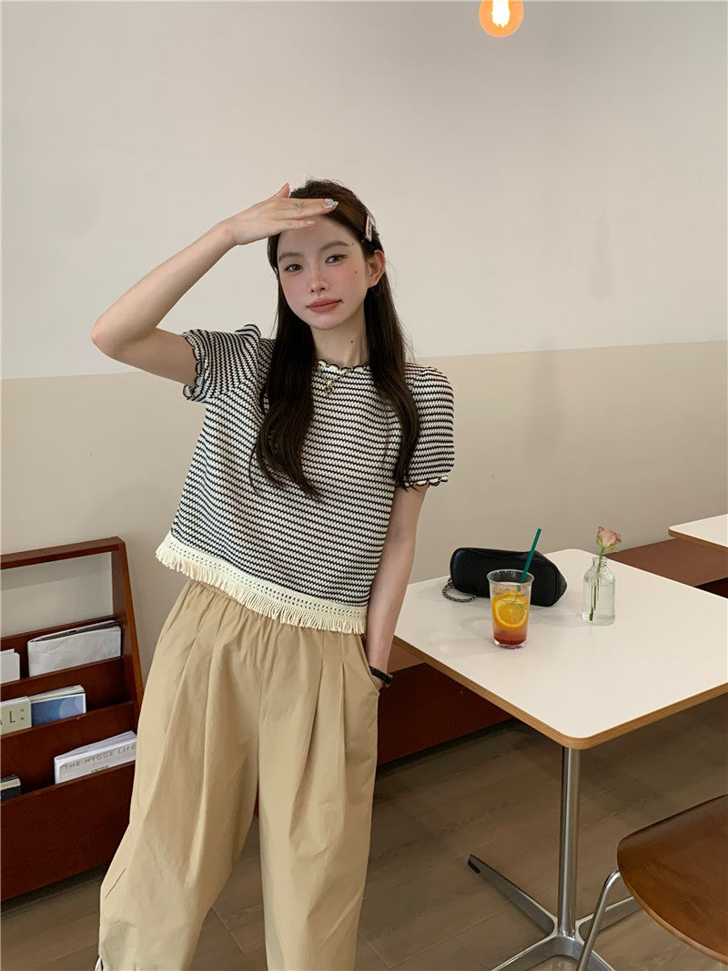 Wed. 編織流蘇繞邊條紋上衣