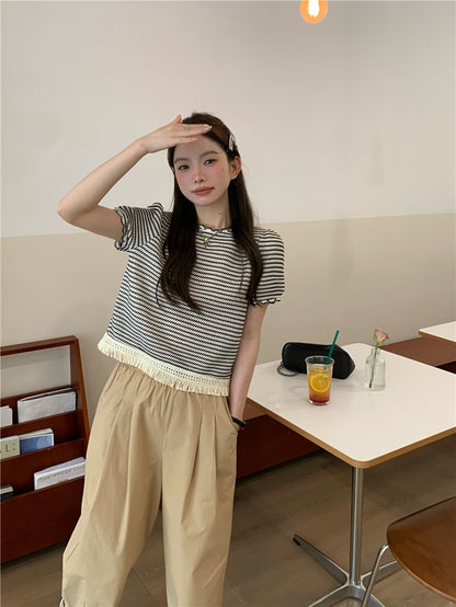 Wed. 編織流蘇繞邊條紋上衣