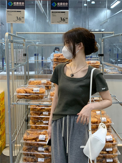 Wed. 大U領華夫格短版上衣 綠