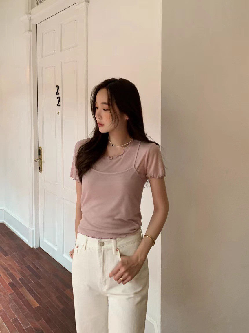 Thu. 顯嫩少女波浪袖兩件式疊穿上衣 米白/粉色