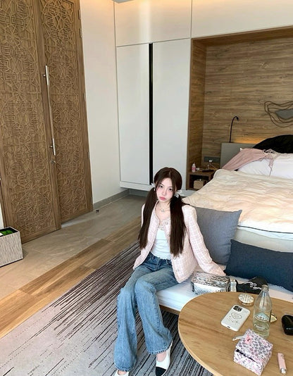 Fri. 少女甜心粉格粗呢小香外套