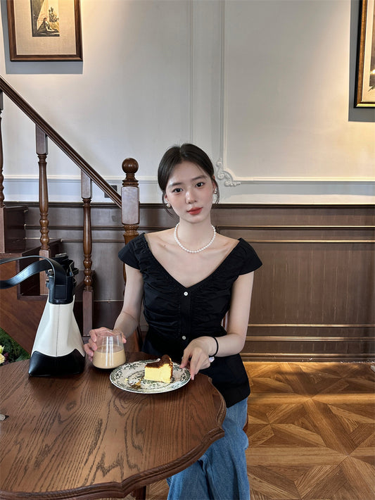 Thu. 法式抓皺大領上衣 黑