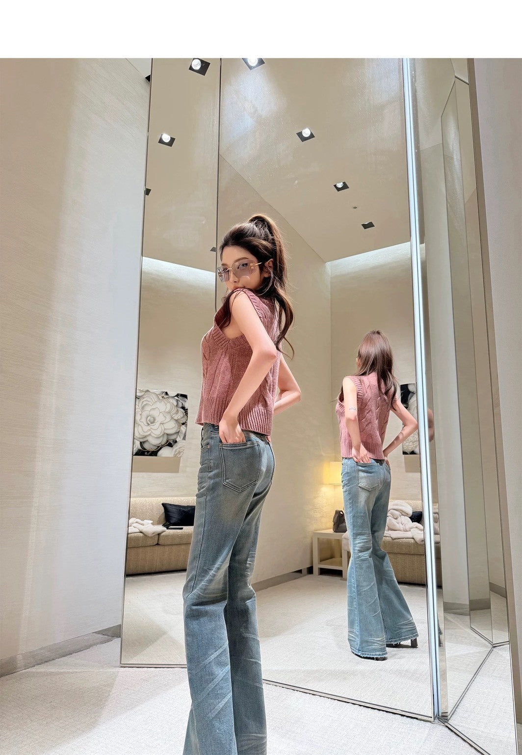 Tue. Oni小高領’’氣質麻花百搭針織背心 霧粉