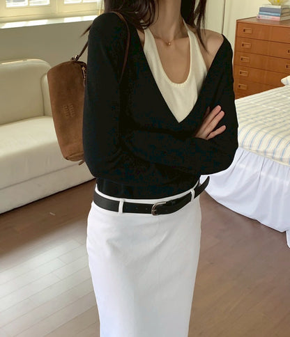 Fri. 氣質假兩件式撞色針織上衣 黑拼白/灰拼色