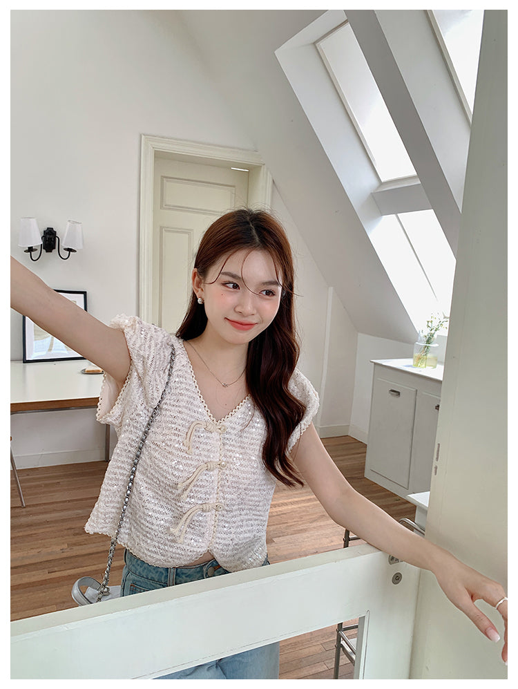 Tue. 旗袍扣結 亮片編織上衣