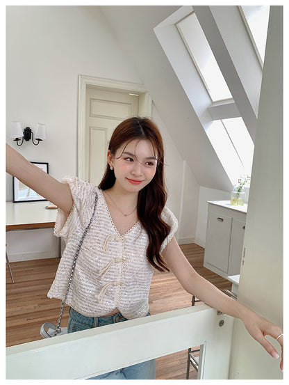 Tue. 旗袍扣結 亮片編織上衣