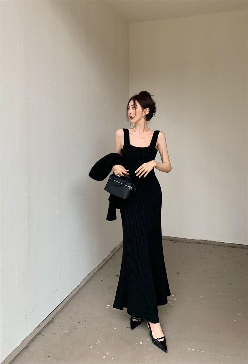 Wed. 優雅法式收腰針織開衫 方領連身裙 黑