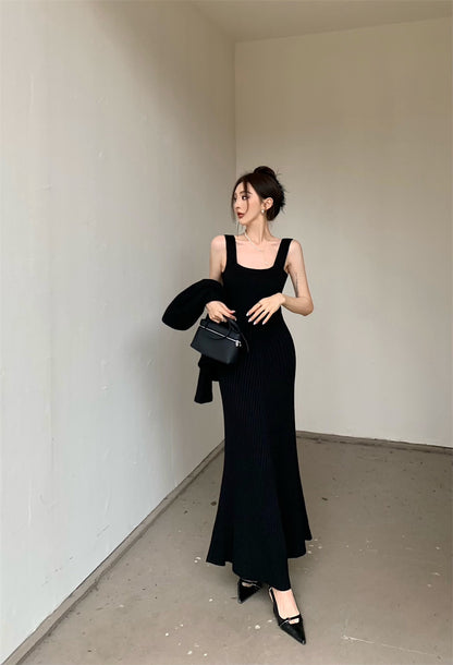 Wed. 優雅法式收腰針織開衫 方領連身裙 黑