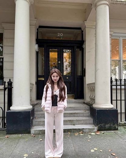 Fri. 高克重冬褲 銀狐絨寬腰抽繩喇叭褲 粉/咖