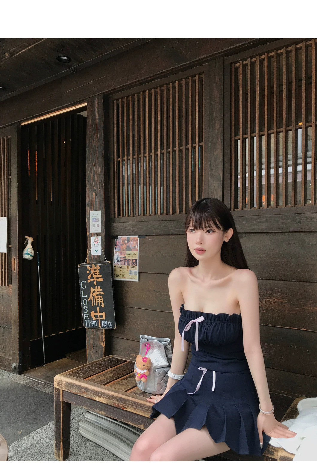 Fri. 藏青蝴蝶結少女 抓皺抹胸百褶裙套裝
