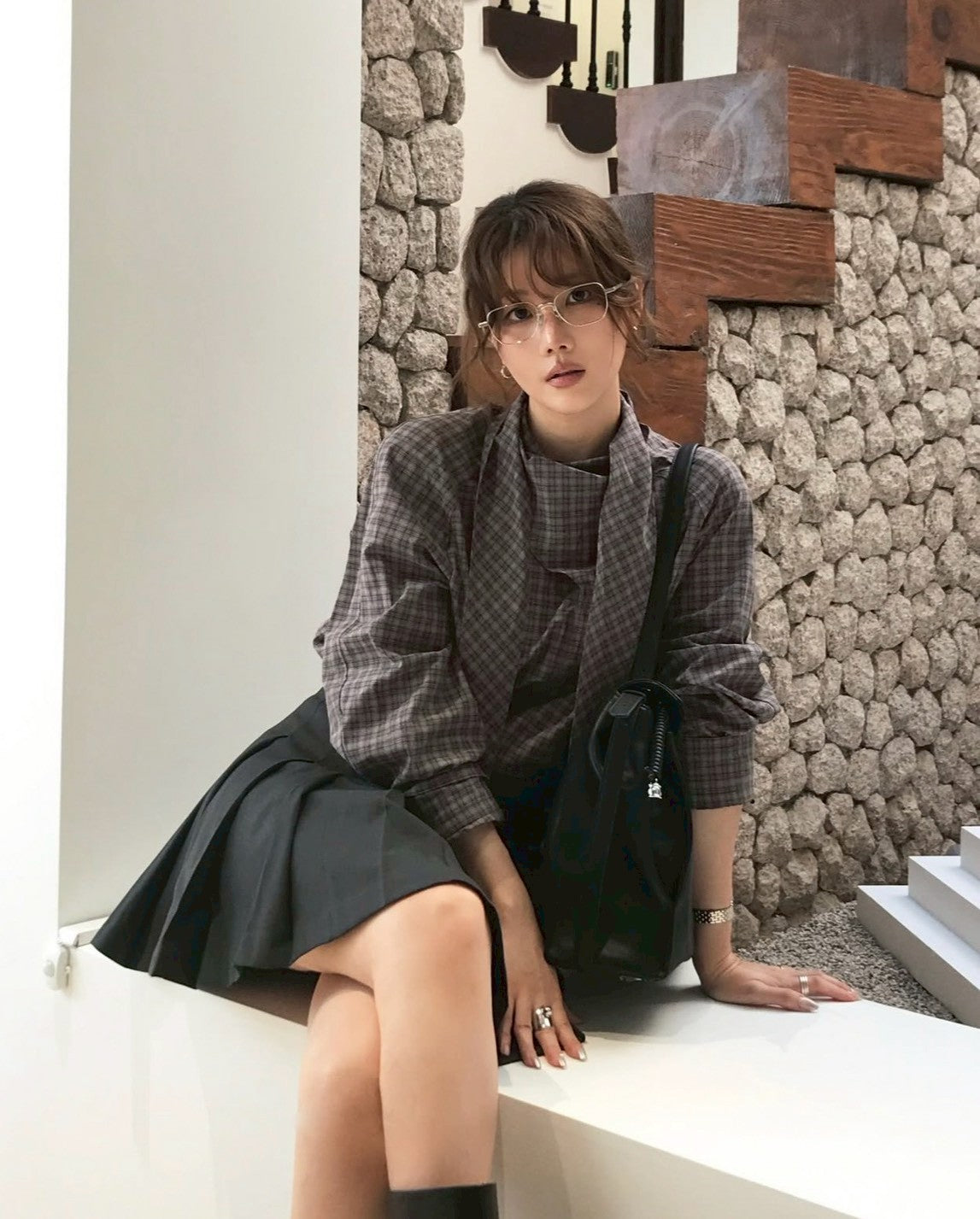 Mon. 復古格紋飄帶襯衫