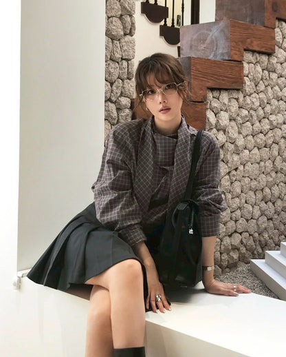 Mon. 復古格紋飄帶襯衫