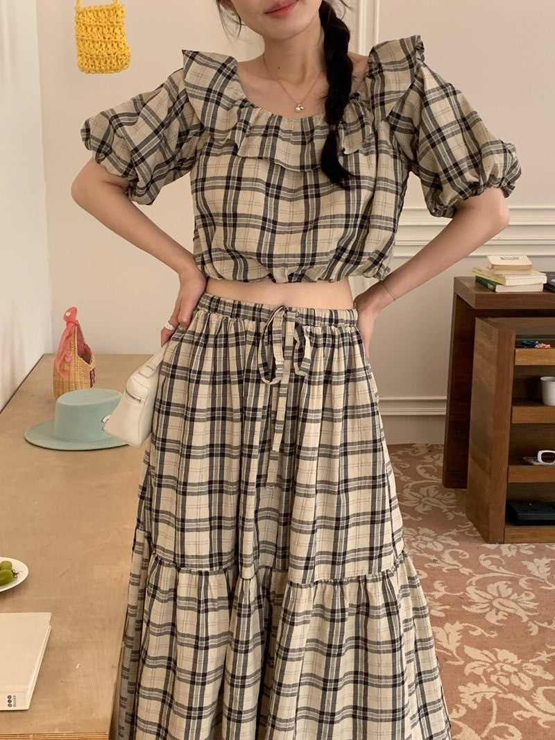 Mon. 韓系度假格紋泡泡袖半身裙套裝