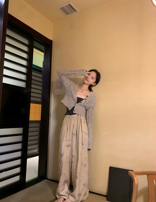 Fri. 水墨暈染中式印花高腰休閒褲 米