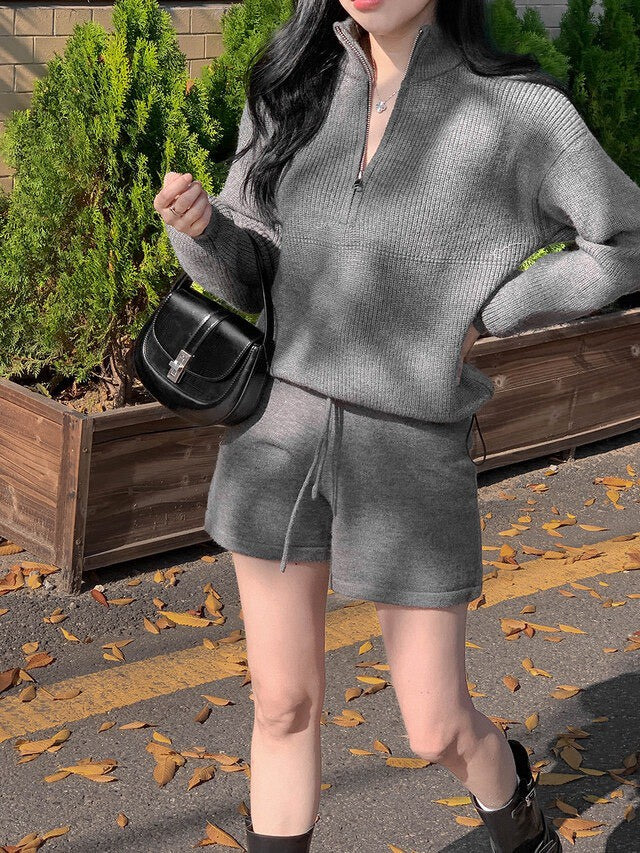 Fri. 慵懶立領針織短褲套裝 灰/米