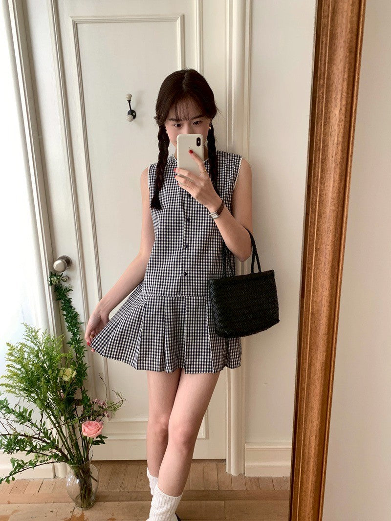 Mon. 小清新俏皮感兩花色選背心拼接連身裙 格紋/白