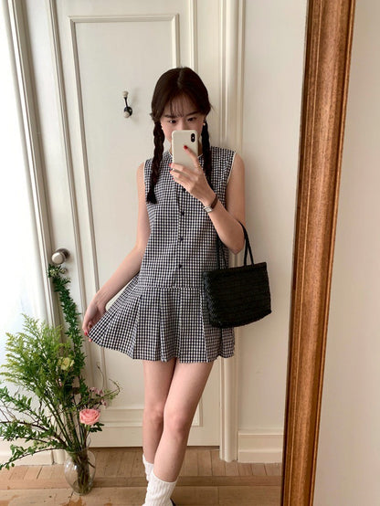 Mon. 小清新俏皮感兩花色選背心拼接連身裙 格紋/白