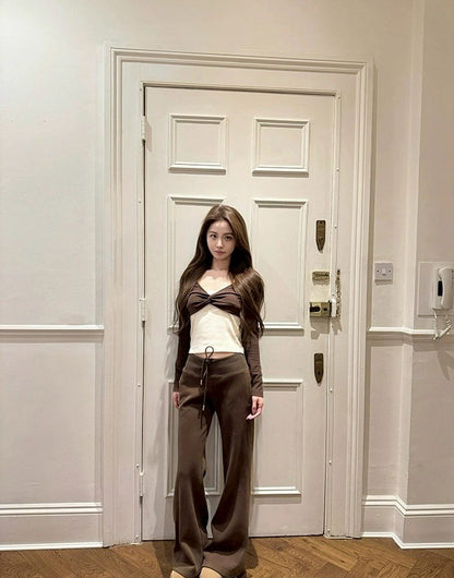 Fri. 復古蝴蝶扭結撞色長袖磨毛上衣 粉/咖白