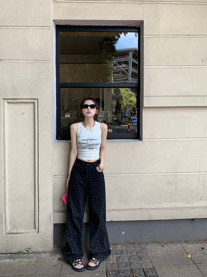 Mon. 波點牛仔寬褲 黑 新色