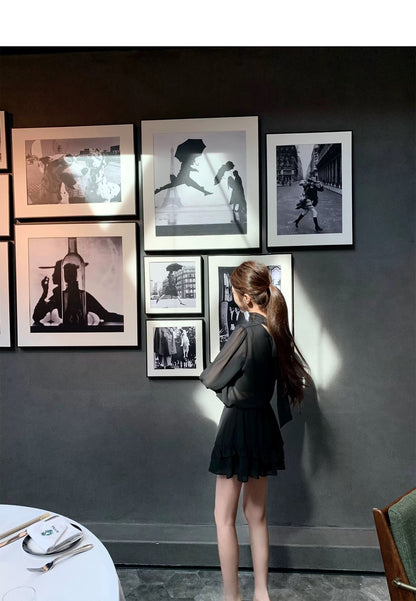 Thu. 屋頂Y*L Rose風長袖雪紡上衣2件組 荷葉半身裙 黑