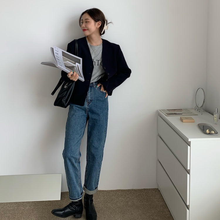 Mon. v領短版鈕釦西裝外套 深藍