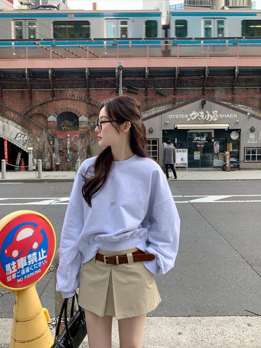 Fri. 休閒慵懶圓領衛衣 韓版百搭褲裙 花灰卡褲