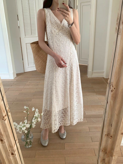 Mon. 韓系氣質蕾絲鉤花紗雙層透視連身裙