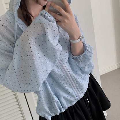 Tue. 日漫少女可愛連帽波點拉鏈外套 藍