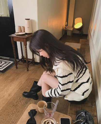 Mon. 慵懶C位海軍領條紋2穿針織外套