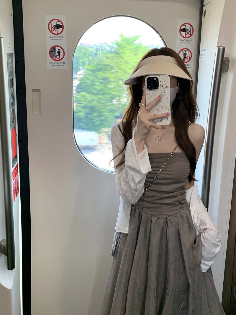 Sun. 鹽系抓皺抹胸網紗連身裙 & 罩衫