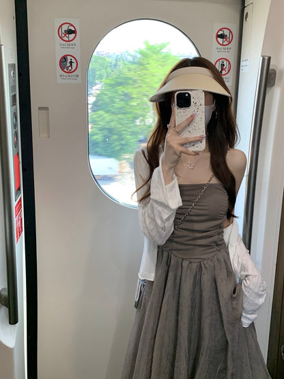 Sun. 鹽系抓皺抹胸網紗連身裙 & 罩衫