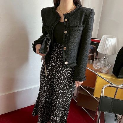 Thu. 小香粗呢鬚邊廓形西裝外套 白/黑