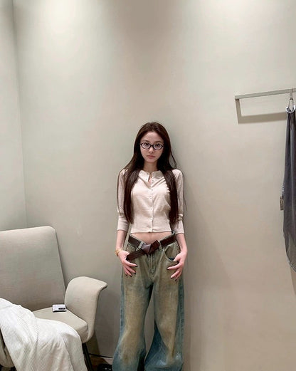 Fri. 簡單主義修身版型60支羊毛中袖單排上衣 燕麥/粉