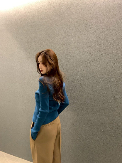 Fri. 慵懶chic針織V領挖背2件套 藍